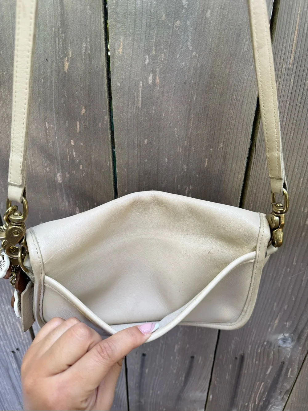 Coach Leather Crossbody Shoulder Bag in Cream with Floral Charm